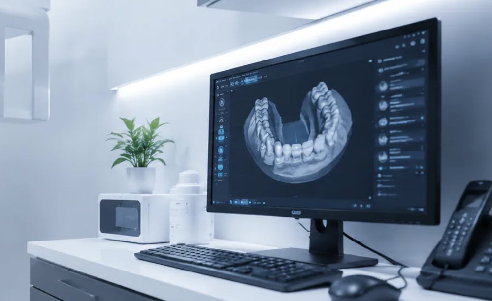 Computer monitor showing a 3D dental scan at Edmonds Dental Studio in Edmonds Washington.