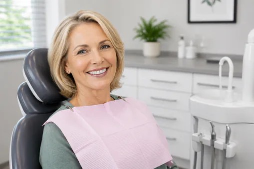 Smiling woman in a dental chair about to get a mini dental implant at Edmonds Dental Studio in Edmonds Washington.