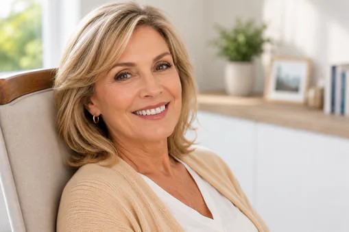 Smiling woman seated in a dental office at Edmonds Dental Studio in Edmonds Washington.